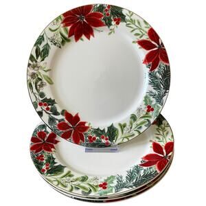 Grace Teaware Christmas Poinsettia Dinner Plates 10.5in Set of 4 Holiday New